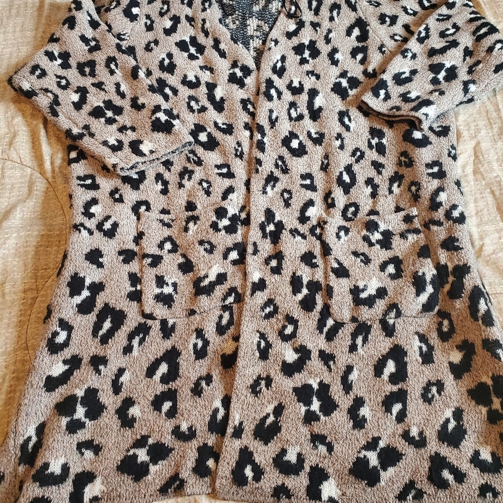 Nine West leopard print long coatigan Size 2x Open Front W Pockets MobWife - Picture 2 of 10